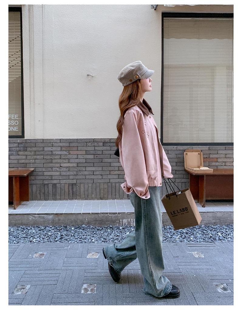 Korean-Style Pink Suede Short Jacket for Women - 2025 Autumn, Hollow Design, Age-Defying, Petite Fit, Fashion-Forward.