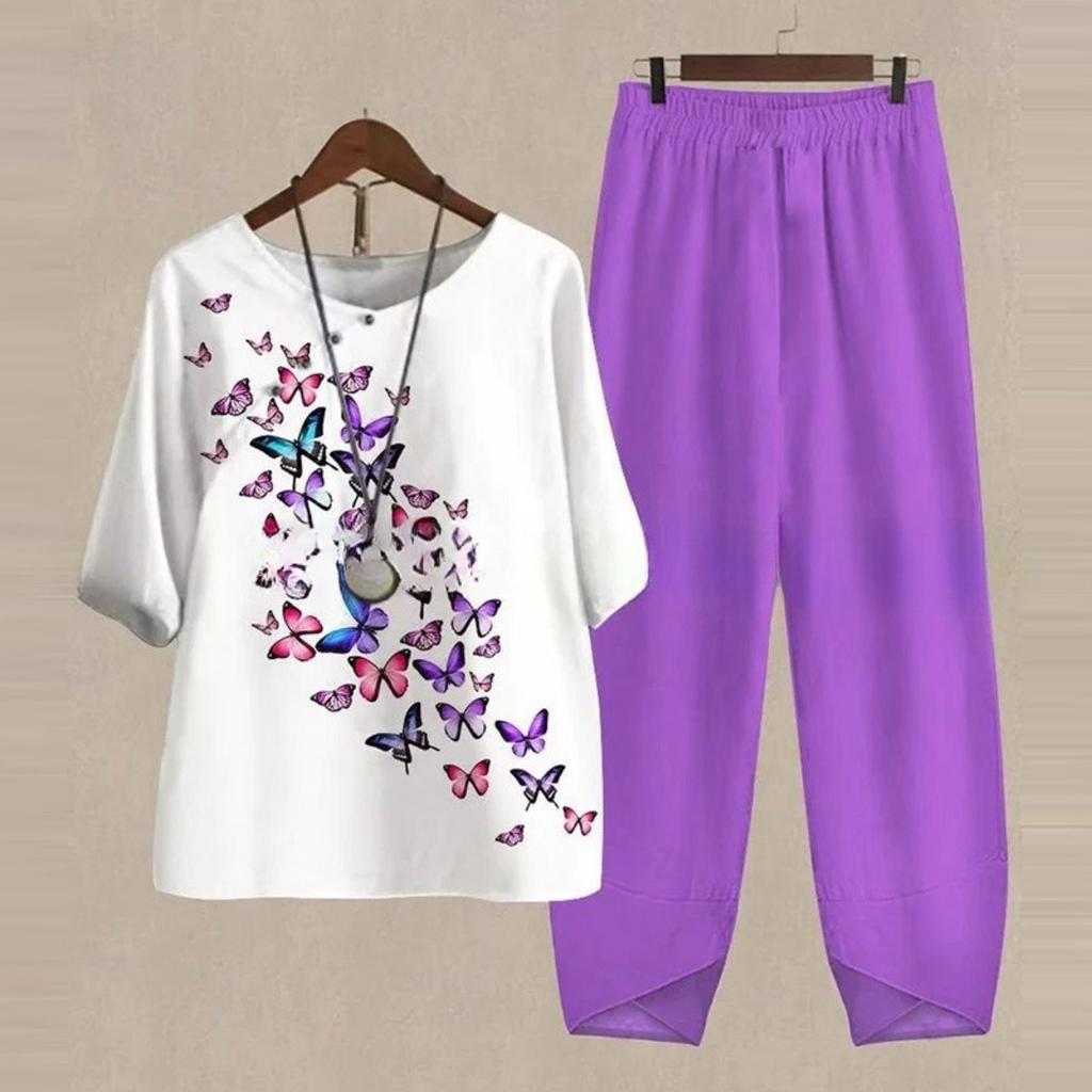 Women's Loose Fit Floral Printed Two Piece Outfit Half Sleeve T-Shirt Elastic Waist Pantsuit