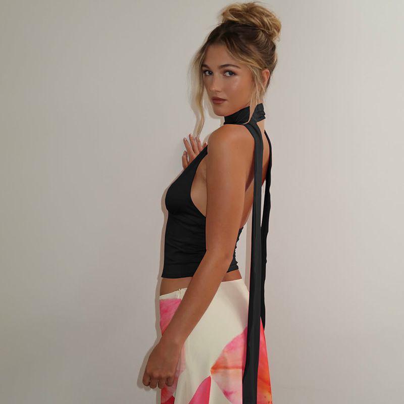 Chic Women's Deep V-Neck Halter Top with Tie-up Back