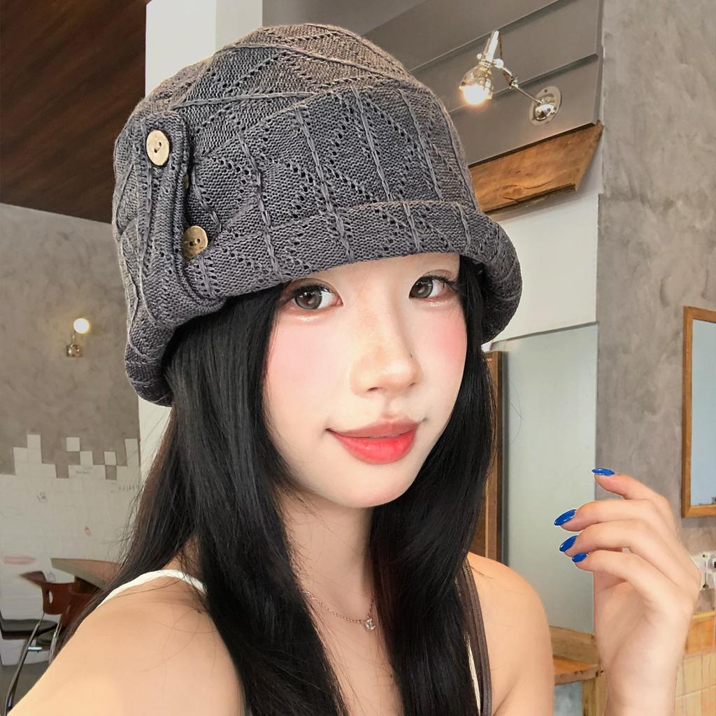 Blogger Double-sided floral button-up headgear Female face small folds large head circumference pullover knitted hat