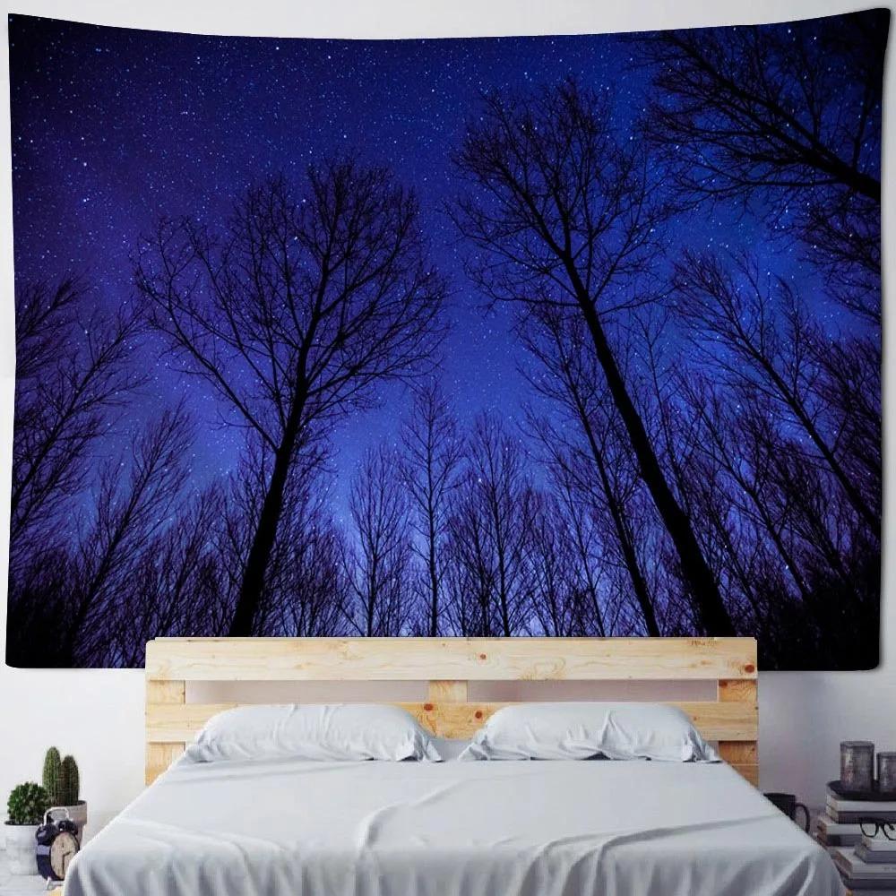 Background poster starry sky oil painting tapestry forest night fabric mural bohemian hippie home decoration wall hanging cloth
