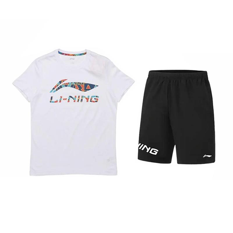 

Li-Ning Модная футболка с надписью, круглым вырезом и короткими рукавами и шорты средней посадки, повседневный спортивный комплект, унисекс комплекты AHSUA19-1+YKSV113-1 L