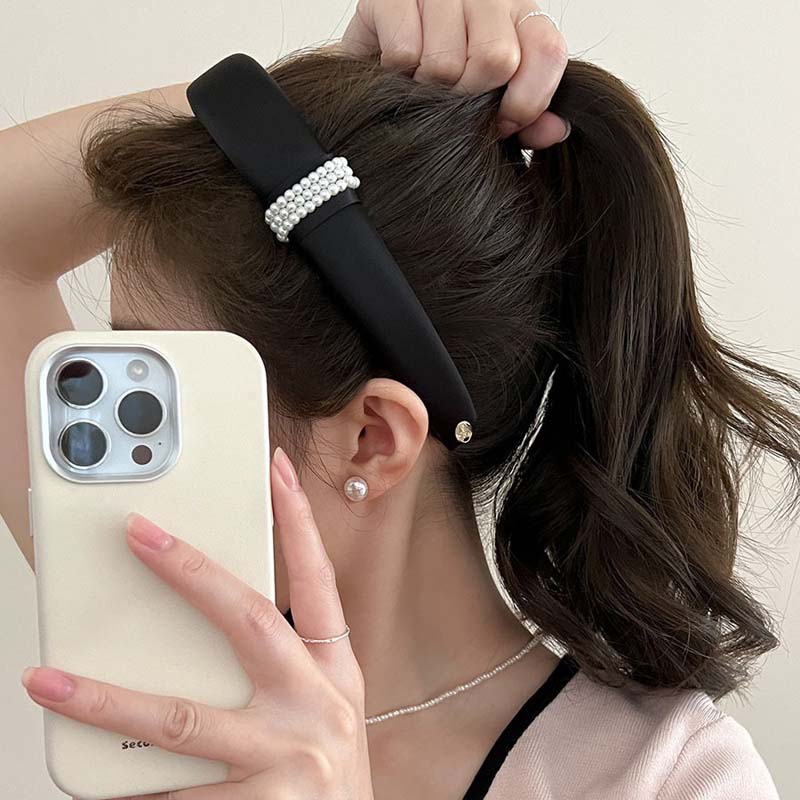 Korean Pearl Satin Headbands for Women Elegant Black White Wide Side Elastic Sponge Thick Headdress Wedding Hair Accessories