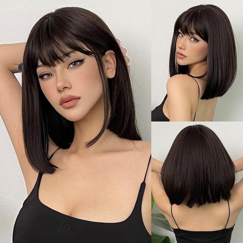 Bob Black Synthetic Wigs Straight Cosplay Short Daily Natural Looking Hair Wig with Bangs Heat Resistant Fiber for Women Afro