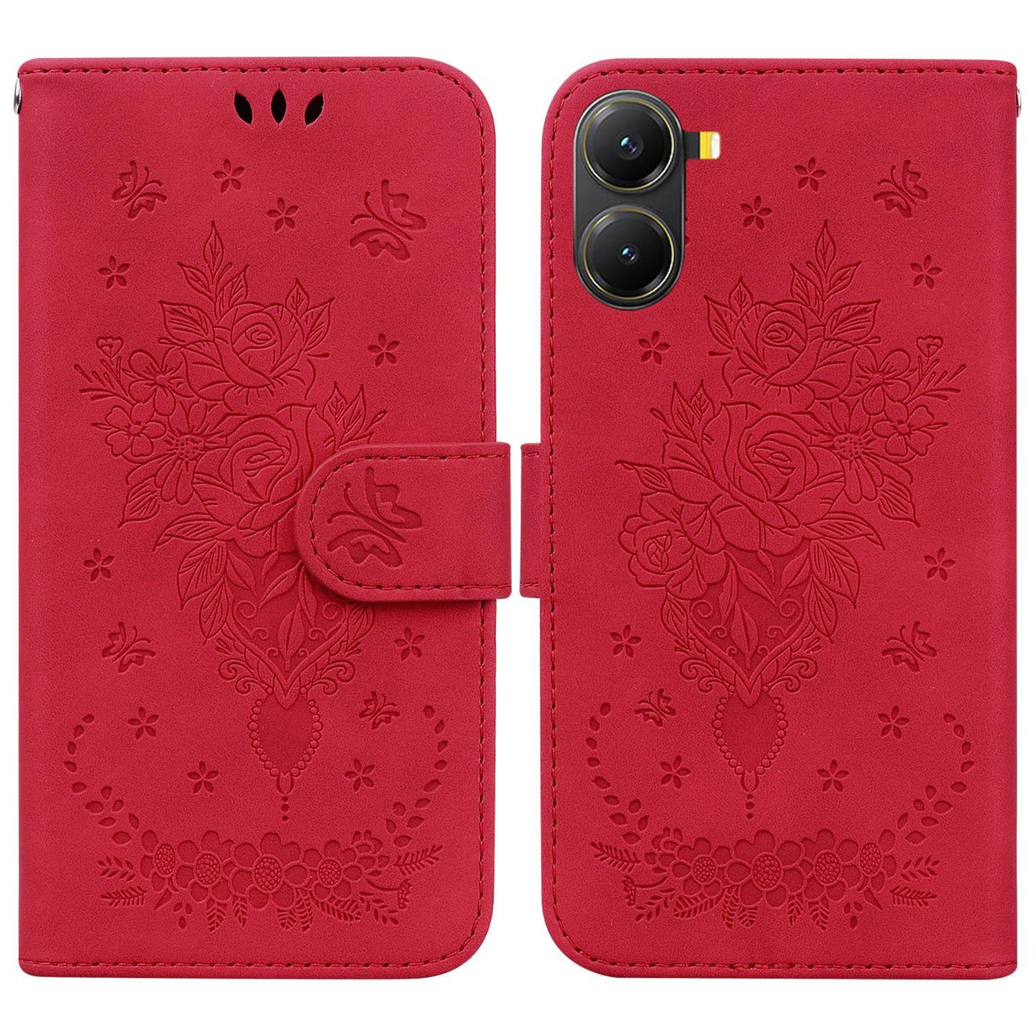 

For Xiaomi Poco X7 Pro 5G/Redmi Turbo 4 5G Case PU Leather Wallet Phone Cover Butterfly Flower Imprint Red