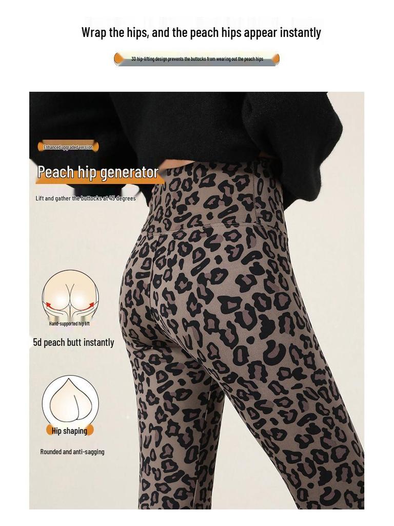 Leggings med hög midja och leopardmönster: Dambyxor för höst/vinter, smalnar av, kontrollerar magen, lyfter rumpan, med plus sammet, för yoga.