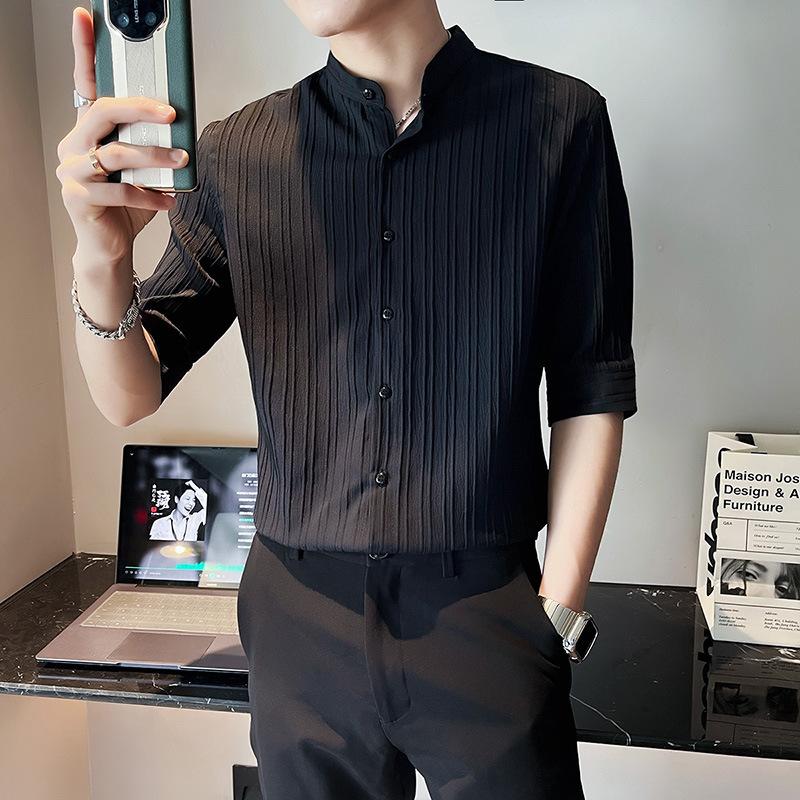 Striped Texture Seven Quarter Sleeved Men's T-shirt Summer Ice Silk Short Sleeved Shirt Men's Henry Collar Shirt