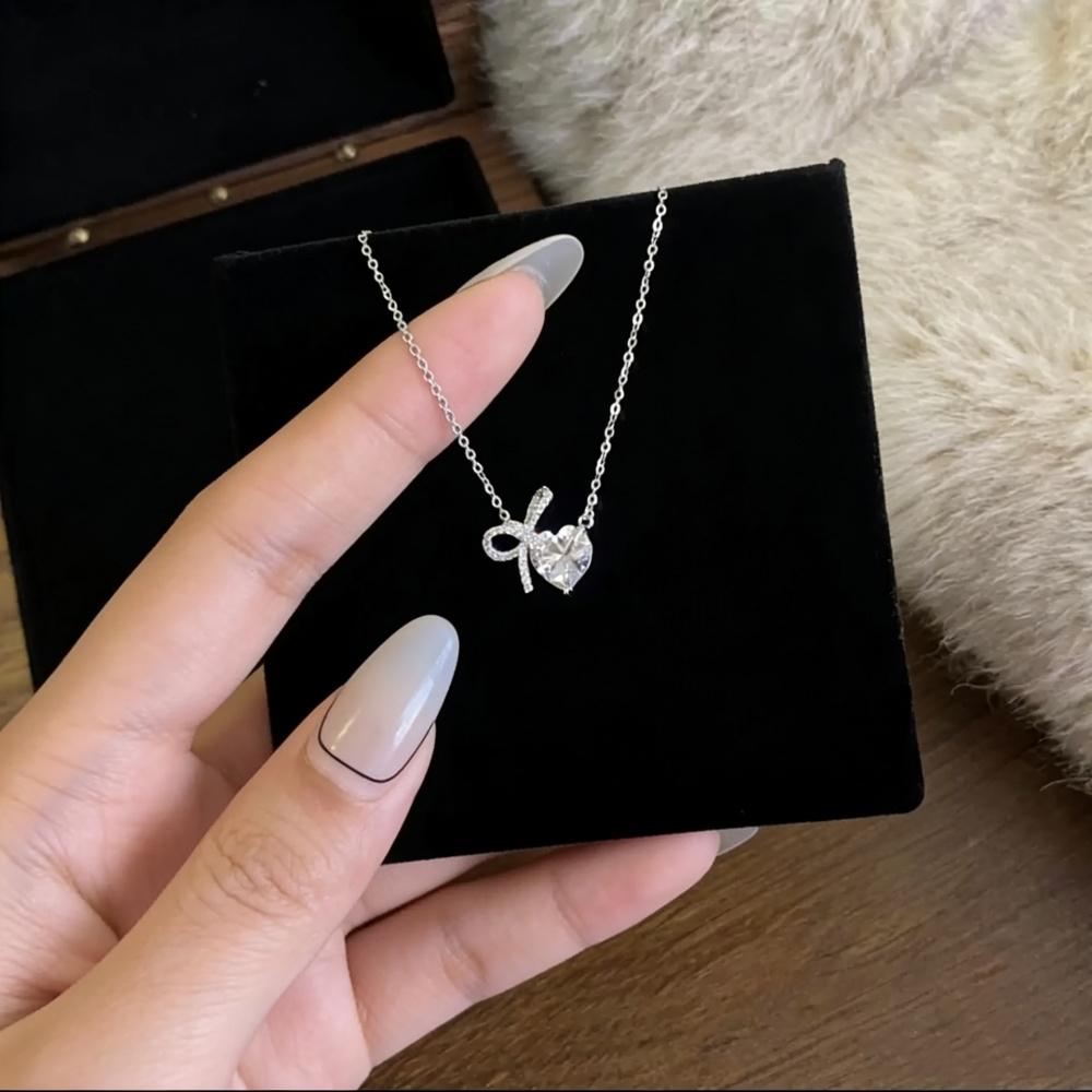 Stainless Steel Silver-Plated Zircon Bow Love Necklace 2026 New Style Exquisite Non-Fading Clavicle Chain Jewelry for Women