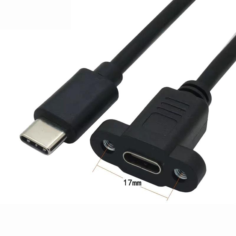 1Pcs Black Panel Mount Type-C USB-C Male To Female Extension Cable With Screw Hole Lock Connector Cable 0.3/0.5/1/1.5 Meters