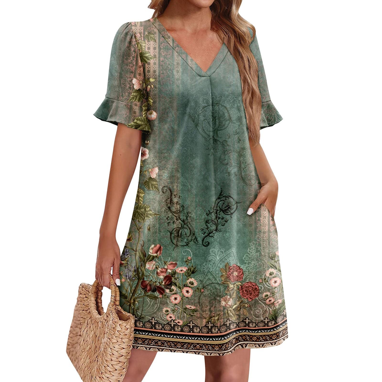 

Летние платья для женщин с V-образным вырезом, оборками и коротким рукавом, повседневное свободное платье с принтом, пляжное платье с карманами XXL зелёный