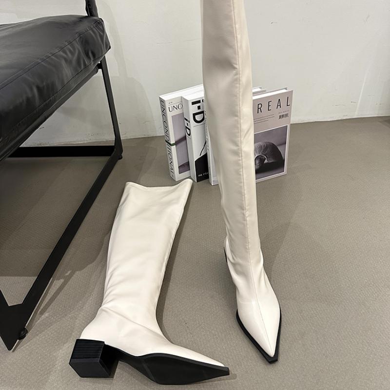 

Уличный стиль, плиссированные женские сапоги до колена, модные заостренные носки, длинные сапоги, дизайнерские туфли на квадратном каблуке, Botas De Mujer 35