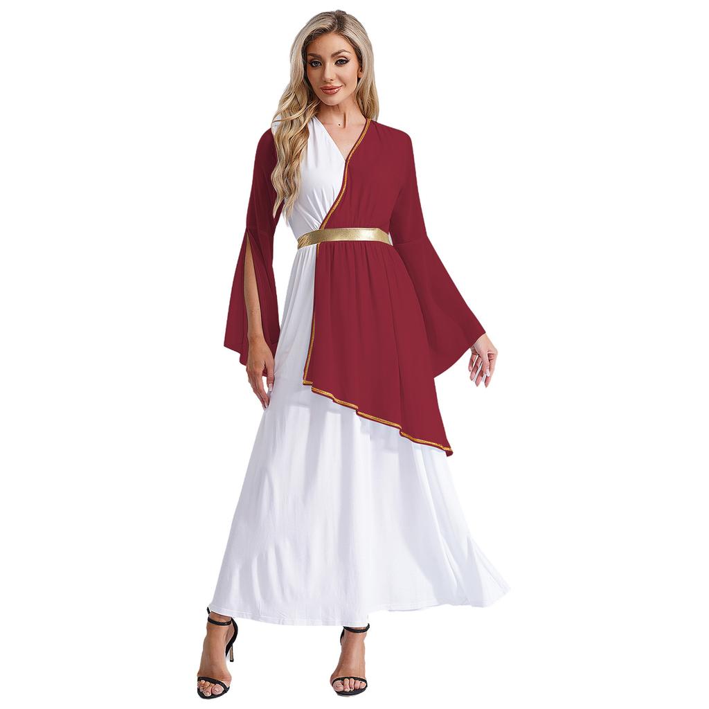 Womens Greek Costume Roman Queen Princess Ancient Toga Gown V Neck Long Sleeve Contrast Fancy Dress