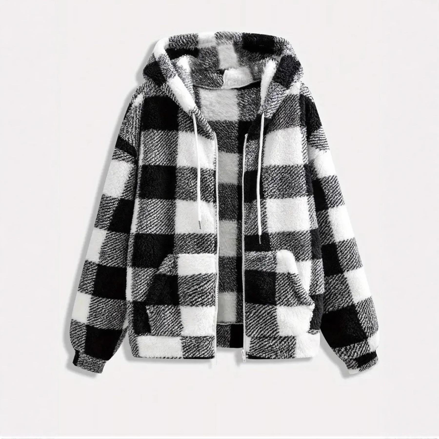 

Women s Plaid Hooded Furry Coat with Zipper and Pockets for Autumn/Winter L чорний