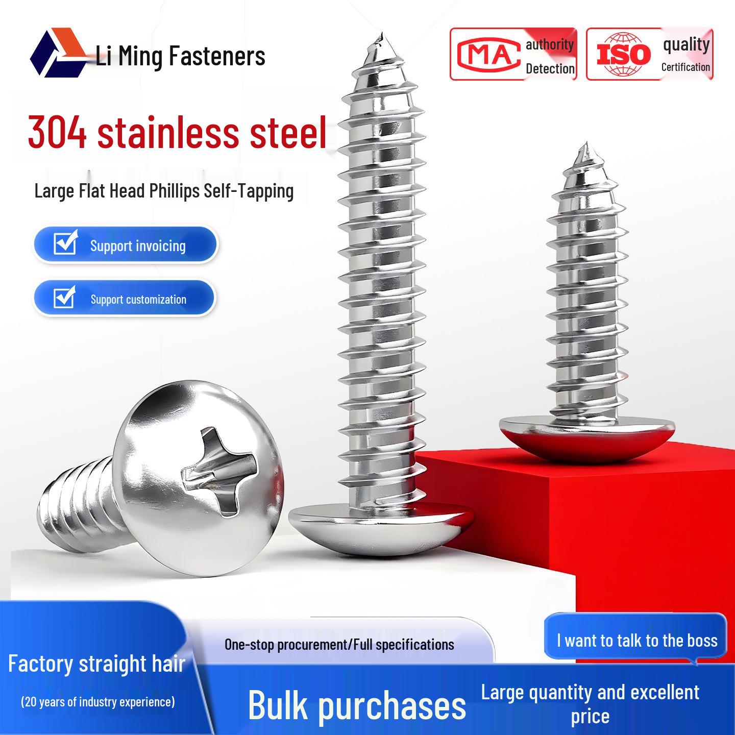 304 Stainless Steel Phillips Flat Head Self-Tapping Screw, M5 Flat/Umbrella/Mushroom Head, M3-M6 M3*8