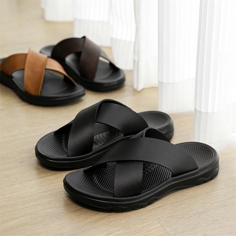 Fashion Men Shoes New Summer Shoes Italian Leather Slippers Men High Quality Size 38-47 Beach Slip On Flats Man Flip Flops Mens Sandals