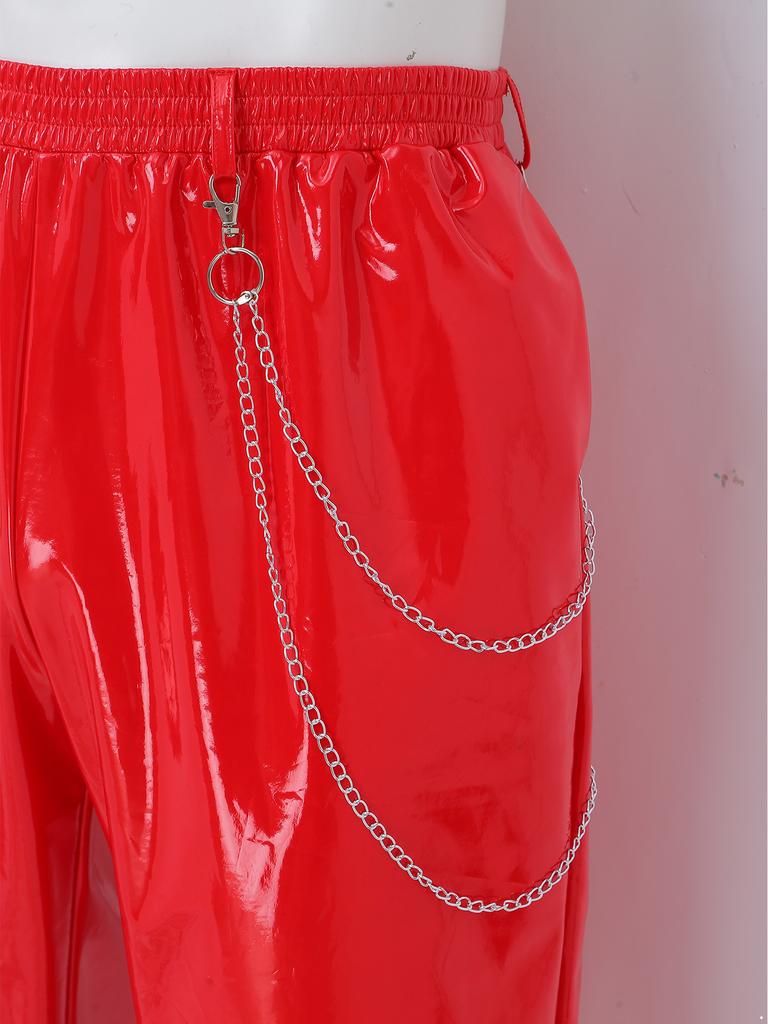 Men Glossy PU Leather Jogger Pants with Metal Chain Detail Elastic Waistband Side Pockets Punk Clubwear Trousers for Rave Party