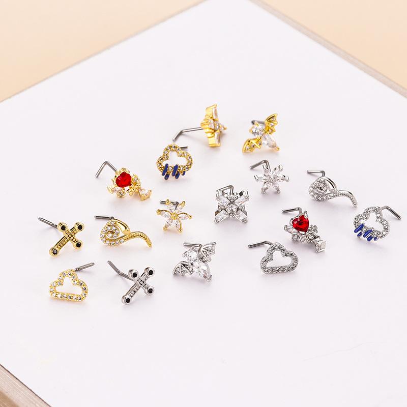20G Nose Stud Rings Stainless Steel L Shaped Cross Cloud Bat Designs Hypoallergenic Shiny CZ Fashion Nose Piercing Jewelry