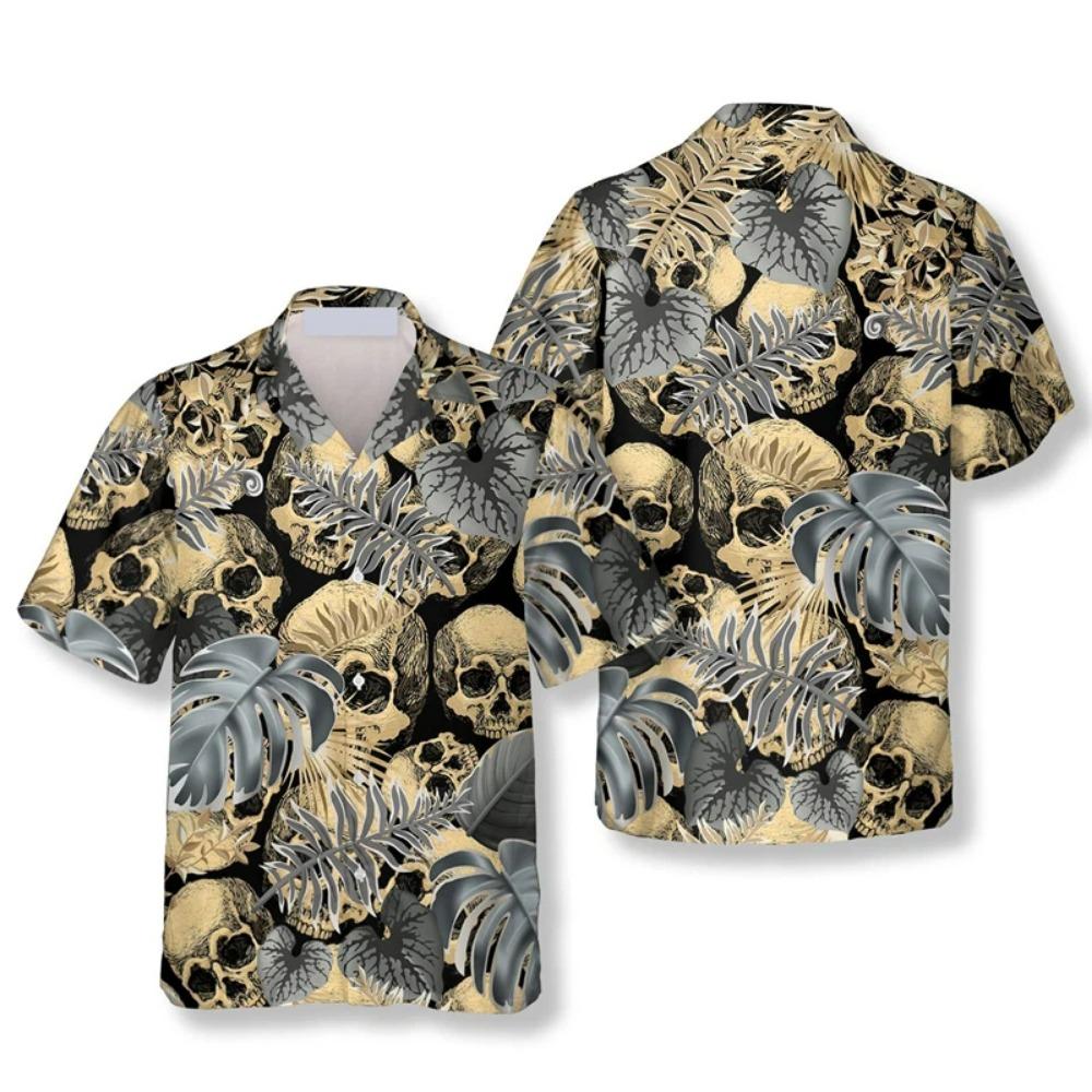 Camicia Estiva Vintage con Teschio per Uomo Camicie da Spiaggia Stampa 3D Fiori Piante Camicia Hawaiana Street Camicie a Maniche Corte da Donna Top