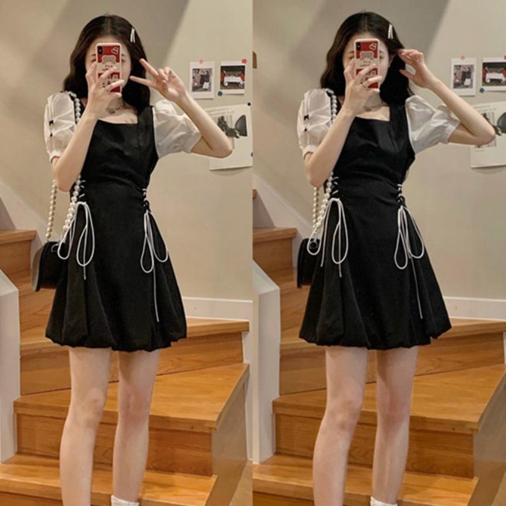Sweet A- Line Fairy Dress High Waist Puff Short Sleeve Dress Fashion Short Dress Women Vacation