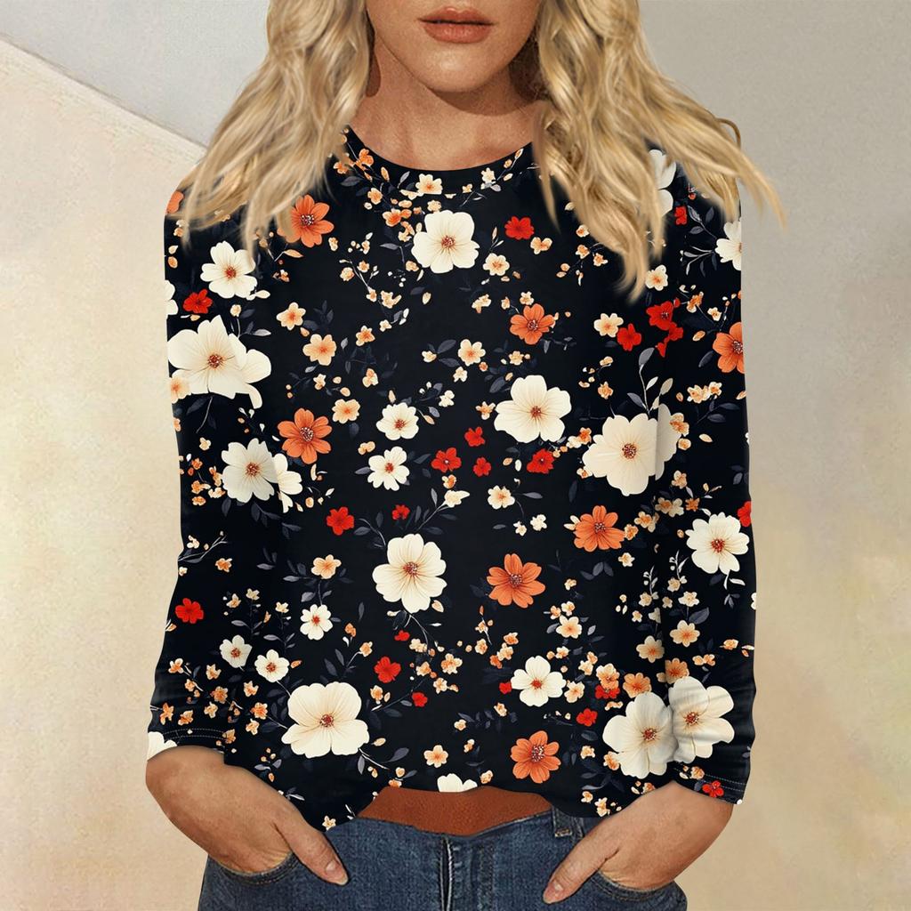 Women's Fashion Casual Round Neck Long Sleeve Printed T-shirt Top