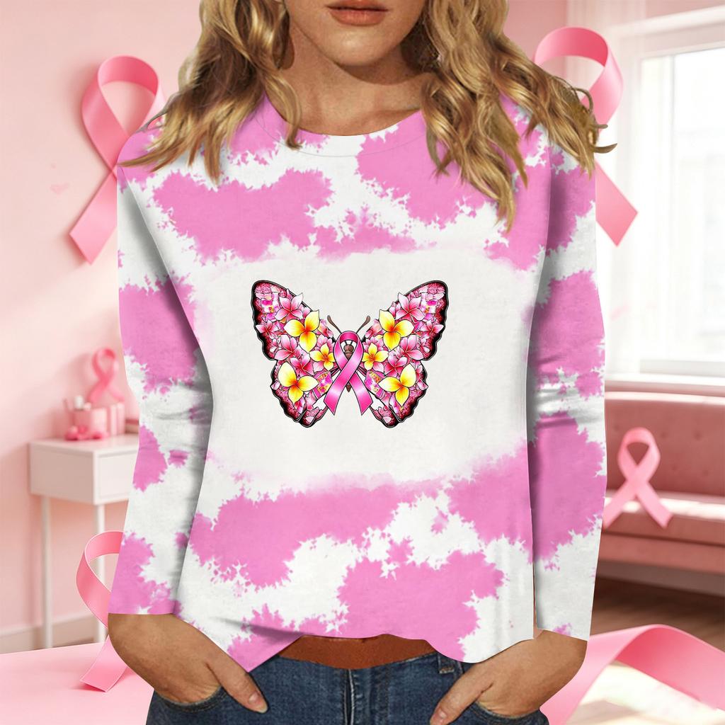 Women's Casual Long Sleeve T-Shirt with Ribbon Print Round Neck Top for Everyday Wear
