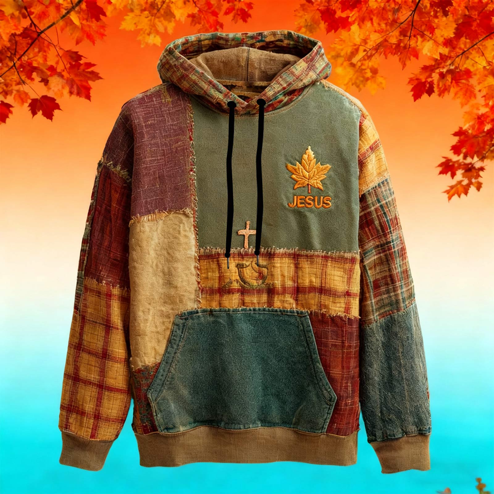 

Men s Retro Casual Cross Art Print Oversized Drop-Shoulder Pockets Hoodie XL кавун червоний колір