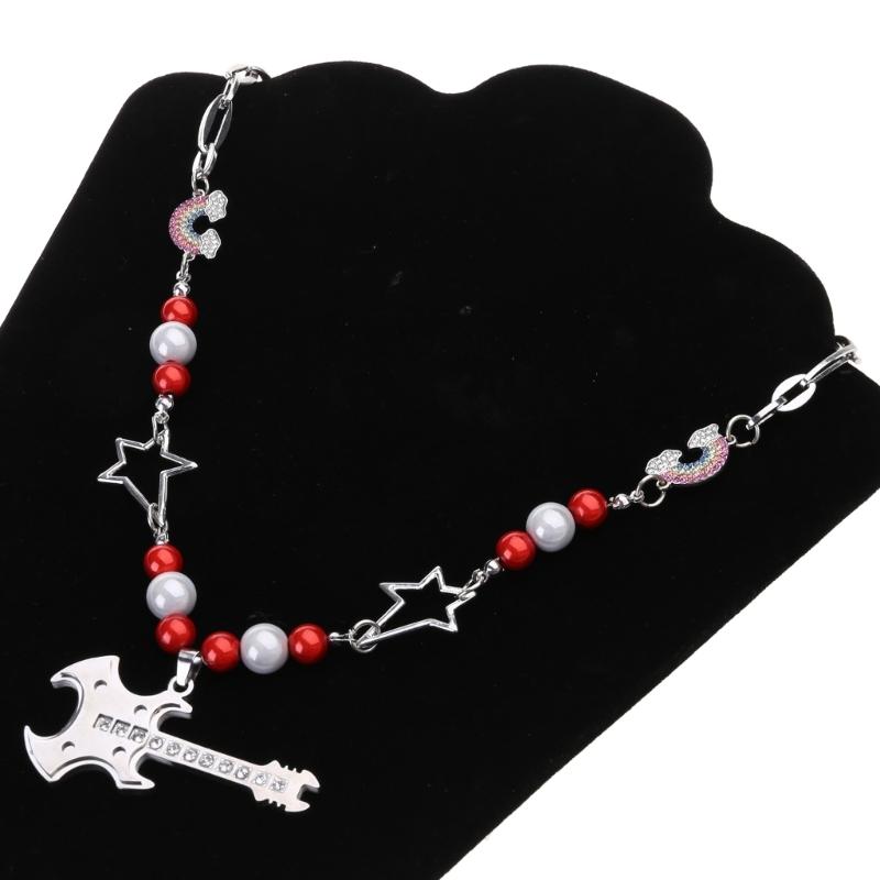 Cool Punk Guitar Pendant Necklace Hollow Star Rainbow Rhinestone Choker Collarbone Necklace Hip Hop Jewelry Y2K Choker
