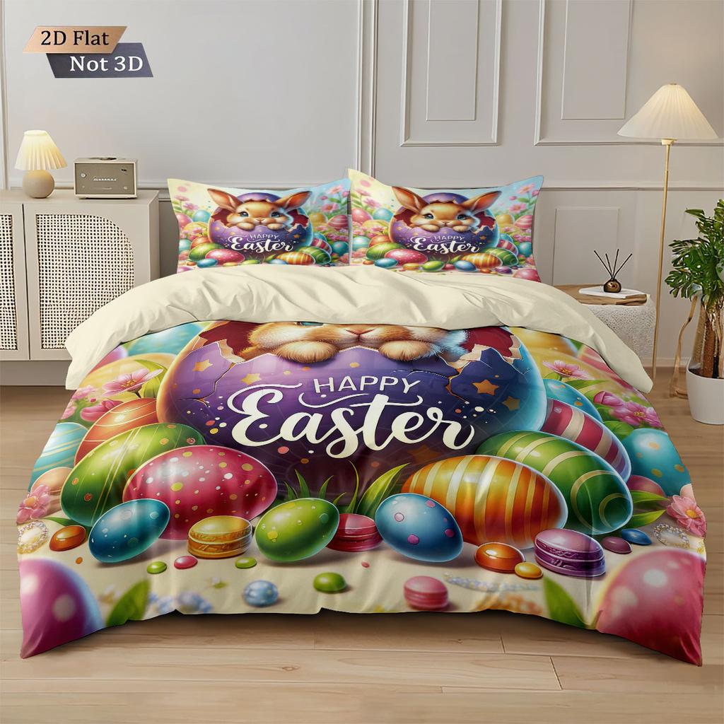 3pcs Easter Cute Rabbit Easter Egg Printed Core Free Down Duvet Cover Set Multi Size Bedding Decoration Machine Washable