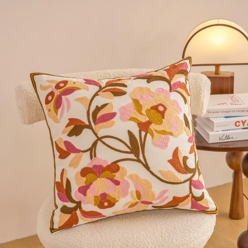 1pc Contemporary Floral Embroidery Throw Pillow Cover with Yellow Flowers & Green Leaves Zippered, Machine Washable for Living Room Decor