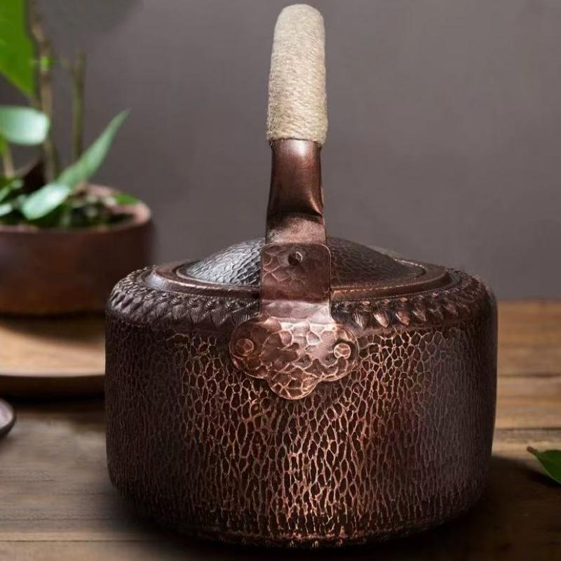 Vintage Copper Coffee Pot,Handheld Hammer Texture Weave 5 Liters With Lid Heat Resistant Filter Water Kettle,Handcrafted Teapot