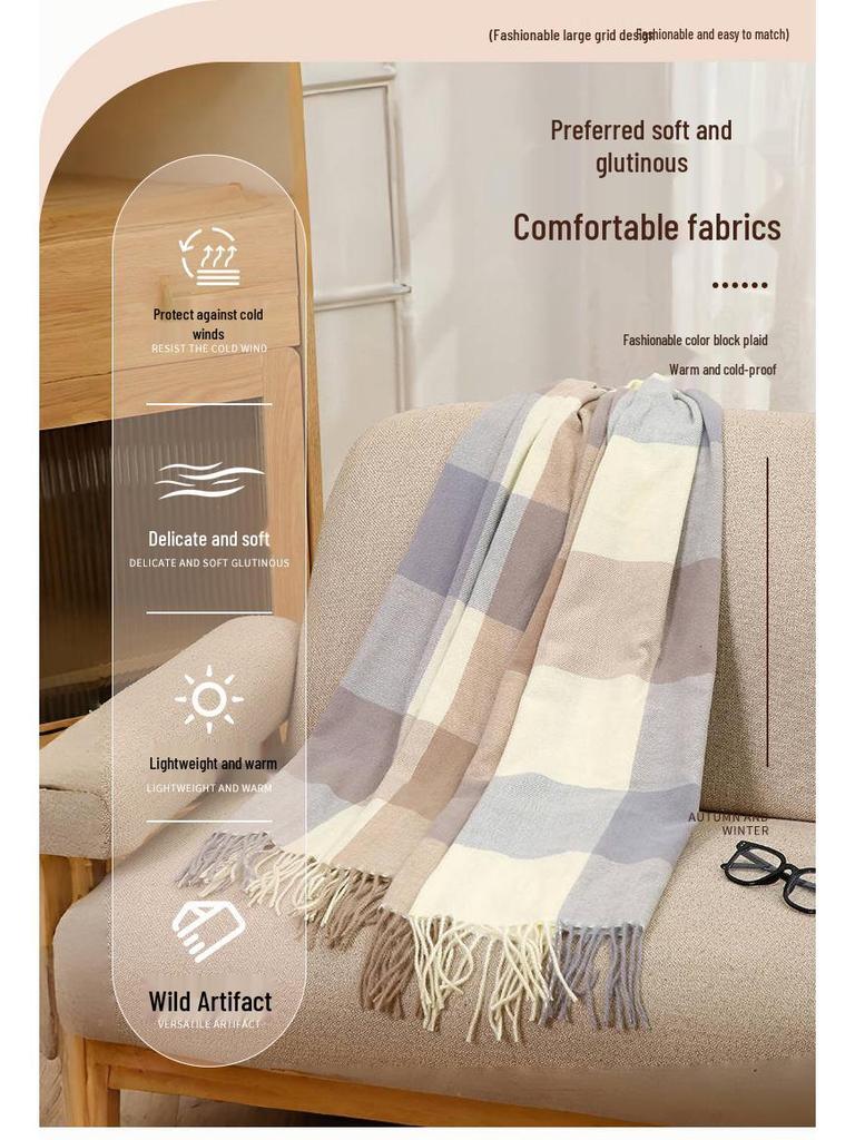 2025 Autumn/Winter Plaid Scarf for Women - Sweet Japanese & Korean Style, Warm Neck Warmer, Fashionable Imitation Cashmere Shawl