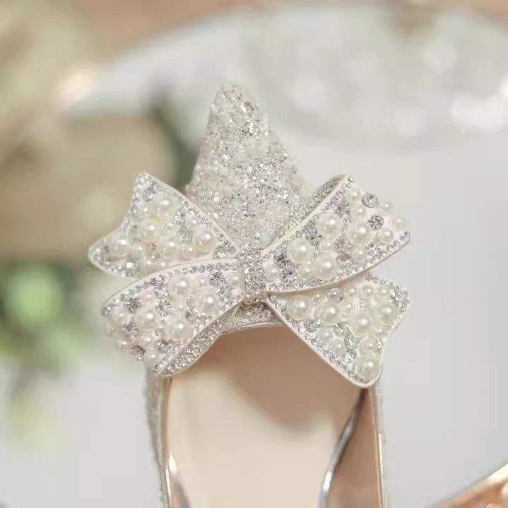 Silver Wedding Shoes Bridal Shoes 2025 New White Main Wedding Dress Xiuhe Crystal Shoes Fairy Style High Heels Female Stiletto