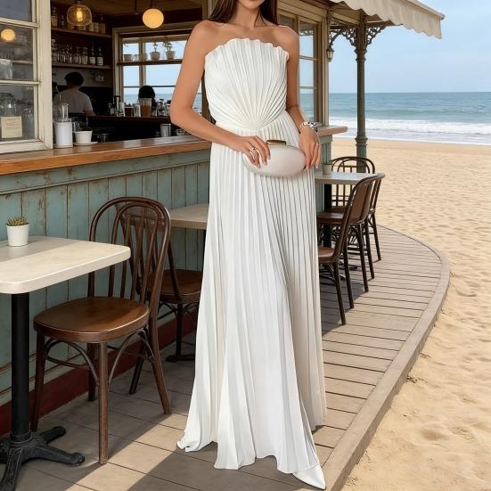 Summer Pleated Chiffon Dress for Women Shell Design Strapless Tube Top Maxi Flowy Dress Backless Formal Wedding Guest Dress