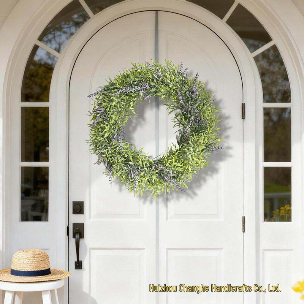 Artificial Lavender and Bamboo Leaf Wreath with Pink Flowers for Home Decoration