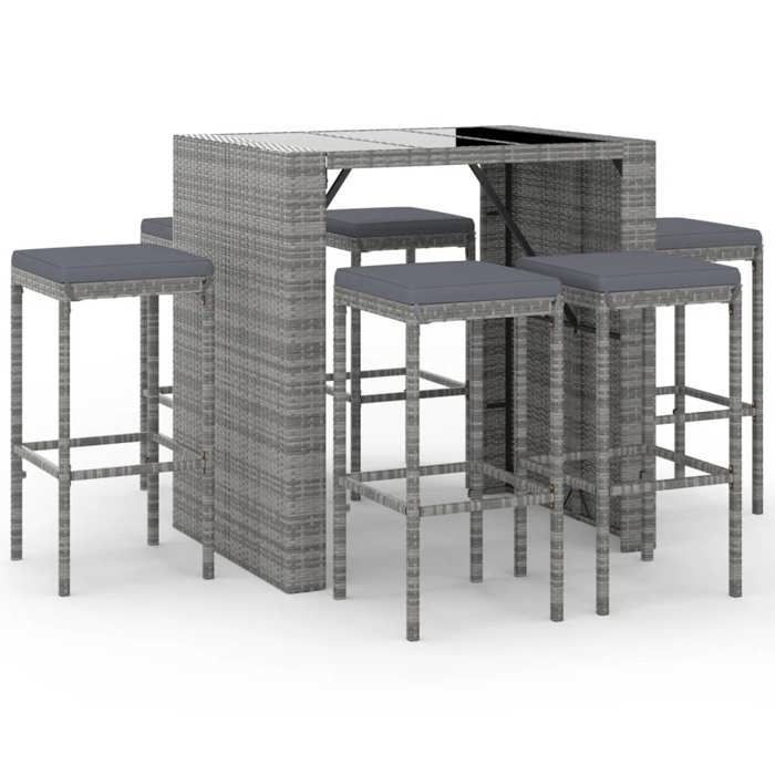 VidaXL Ensemble de bar de jardin 7 pcs avec coussins gris poly rotin, ensemble de table de bar, table et chaise de bar, 3187622