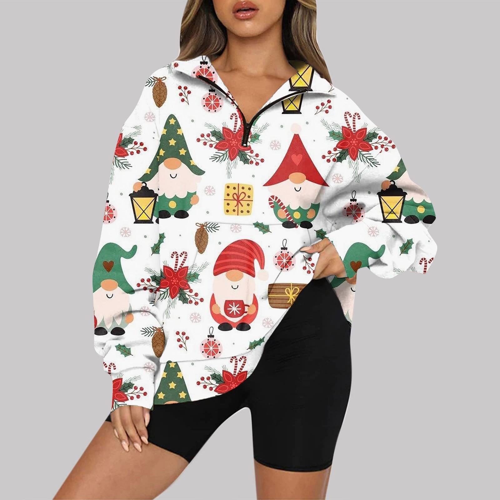 

Christmas Women s Fashion Long Sleeve Printed Zipper Sweatshirt Top XL білий