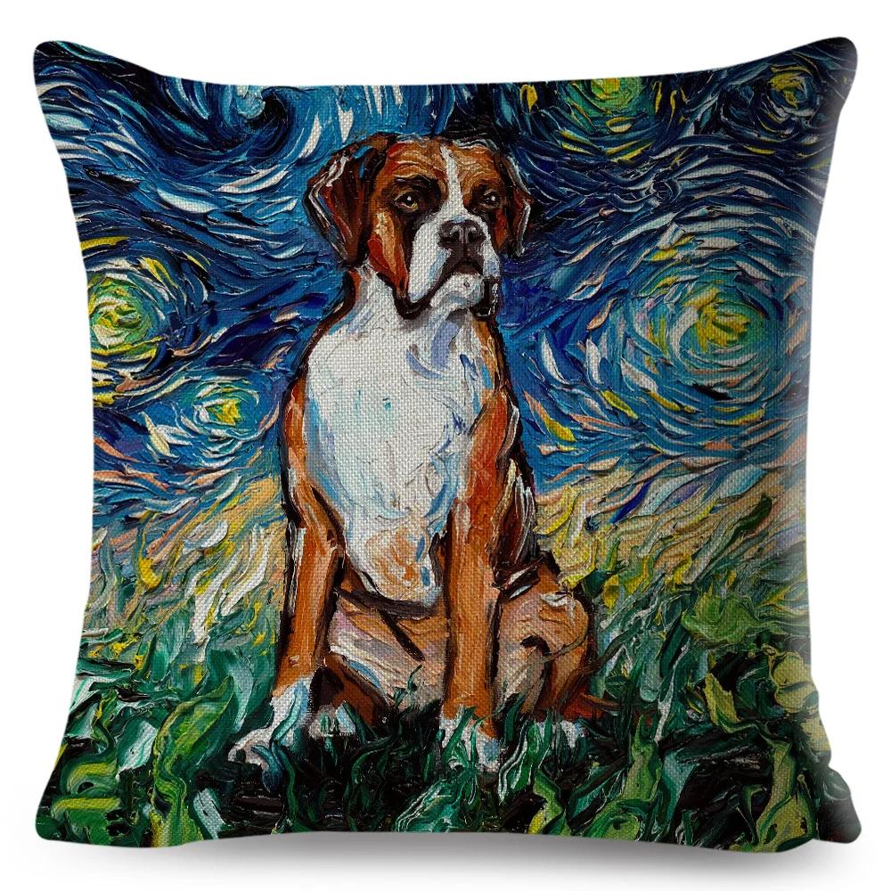 Both Sided Starry Sky Dog Cushion Cover Decor Oil Painting Cartoon Pet Animal Pillow Case for Sofa Home  Linen Pillowcase
