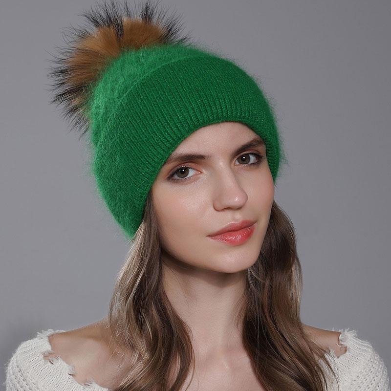 New Natural Raccoon Fur Pompom Knit Hat For Women Warm Angora Rabbit Bonnet Women's Winter Fleece Hats Casual Female Caps