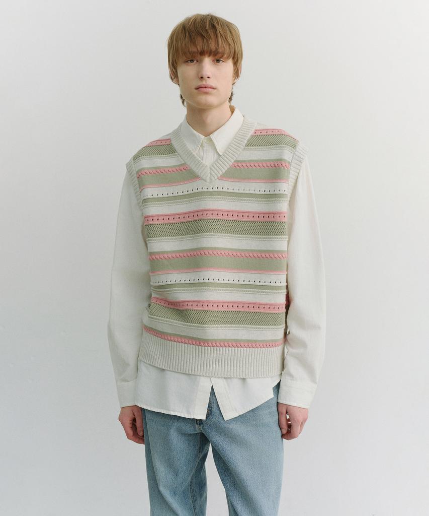 Deonseuteupomaen Crafted Striped Knit Vest_Unisex_Udsw6B123_Ivory / Mint