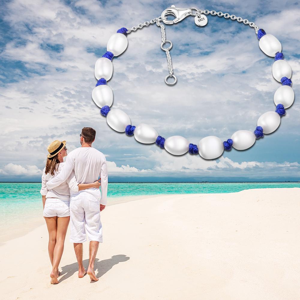 Freshwater Cultured Pearl Blue Cord Chain Bracelet 100 %925 Sterling Silver Jewelry For Sister Wife Mother Friends Gift B145