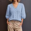 Women Lace Trim V-Neck Loose Casual 3/4 Sleeve Blouse