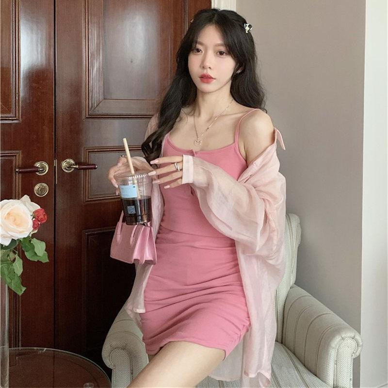 Fashion Sweet and Spicy Pink Sexy Suspender Dress Women's Summer Chiffon Sunscreen Cardigan Jacket Top Two-piece Set