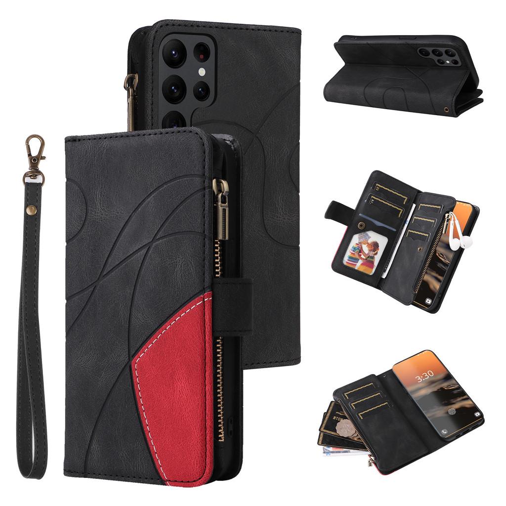 Stylish Dual-color Nine-card Zipper Case With Card Holder And Stand For Samsung A14
