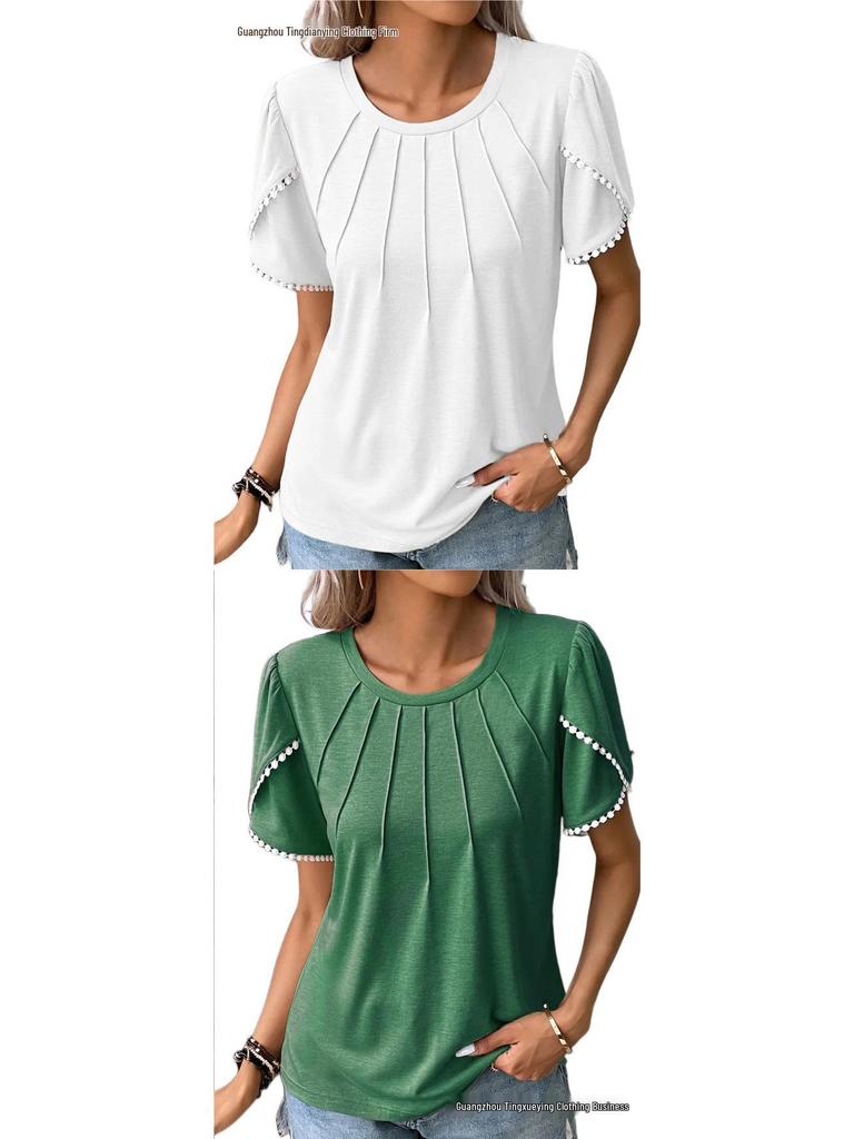 2026 Women's Summer Solid Color Pleated T-Shirt with Lace Short Sleeves