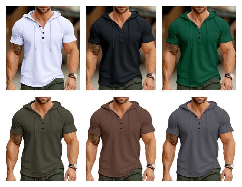 Men's Cross-border Henley Sport Hoodie: Short Sleeve Outdoor Running Fitness Top