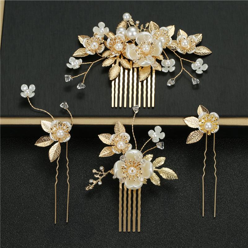 4PCS Gold Flower Leaf Bridal U-shaped Pearl Hair Pins Headpieces Hair Accessories Weddingfor Brides Bridesmaids Women Girls