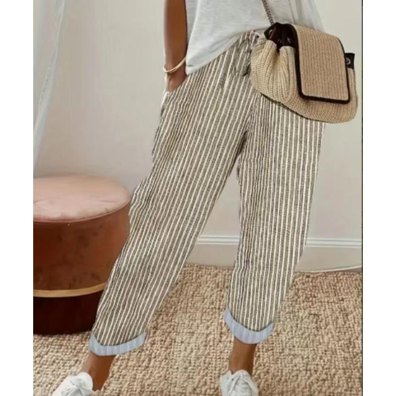 

Літні жіночі повсякденні штани в смужку, вільні штани на резинці M хакі