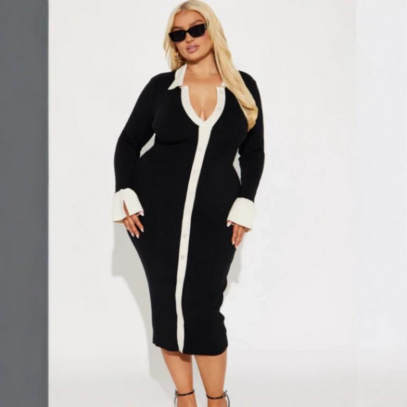 Elegant French Style Knit Midi Dress With Flared Sleeves High Waist Colorblock Detail Womens Winter Outfit
