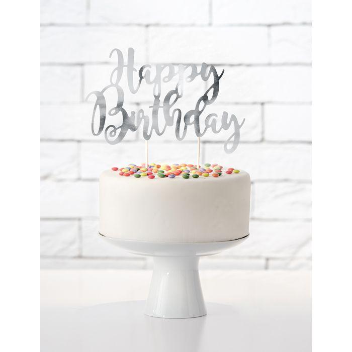 Cake topper en carton happy birthday argenté métallisé 22,5 cm - argent