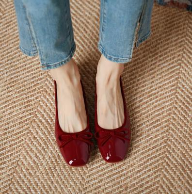 2024 Spring Women's Red Bow Patent Leather Ballet Flats